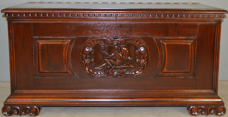 SOLD Carved with Cupid Victorian Blanket Box in Mahogany