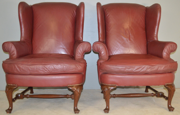 SOLD Pair of Matching Chippendale Wing Back Chairs in Leather