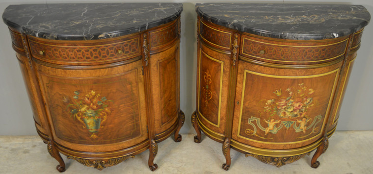 SOLD Pair of Marble Top Demi Lune Chests
