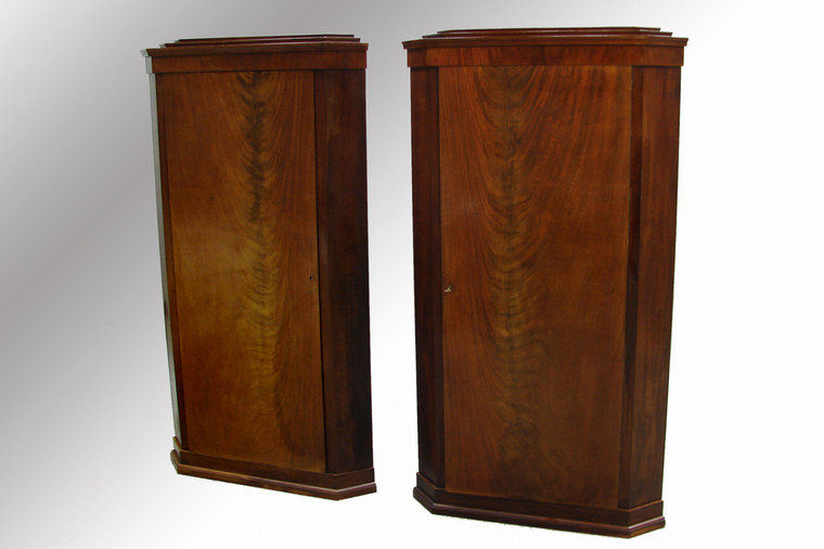 SOLD Pair of Beidermeier Flame Mahogany Corner China Closets-Match Pair !!