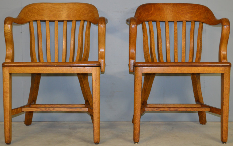 SOLD Pair of Oak Barrel Back Lawyers Bankers Arm Chairs