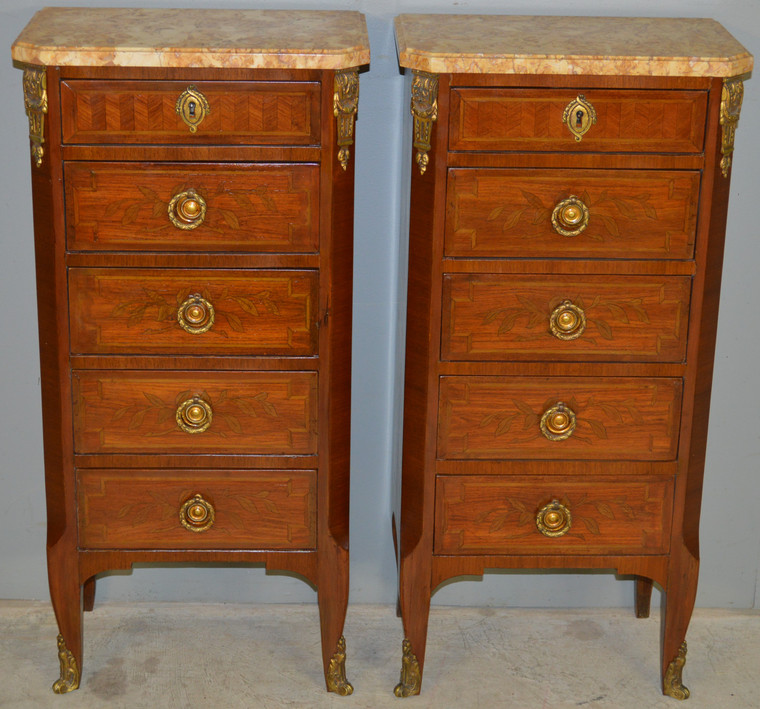 SOLD Pair of French Brass Ormulo Marble Top Nightstands