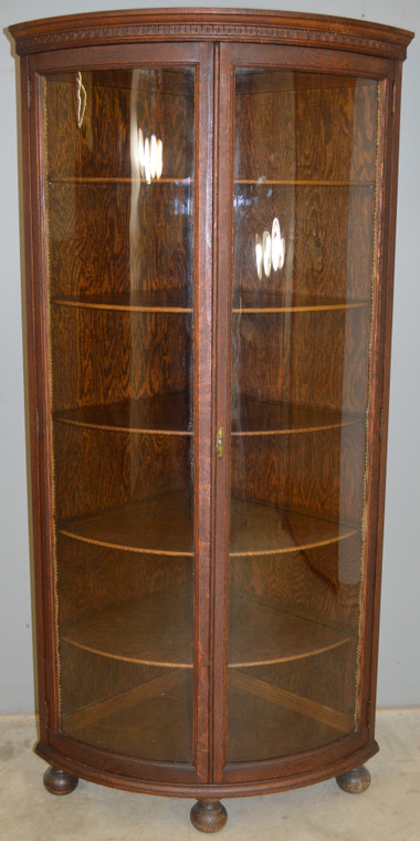 SOLD Oak Victorian Curved Glass Two Door Corner China Closet