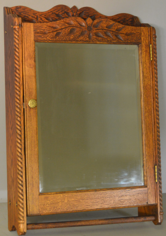 SOLD Oak Carved Rope Twist Bevel Glass Medicine Cabinet