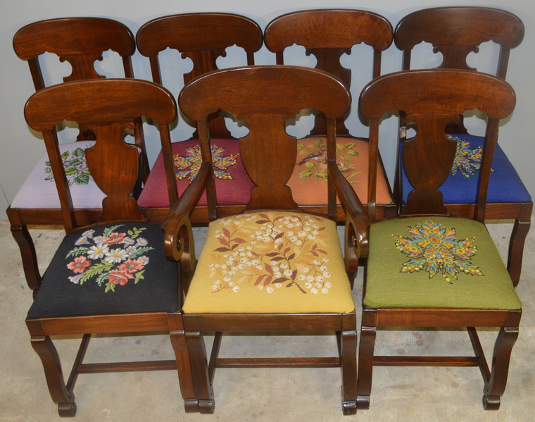 SOLD Set of 7 Empire Needlepoint Dining Chairs
