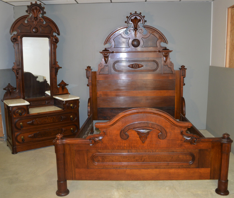 SOLD Victorian Marble Top Bedroom Suite – Rare Queen Size Bed