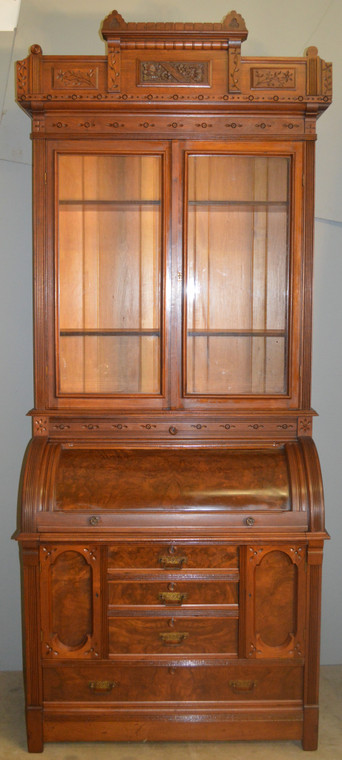 SOLD Victorian Eastlake Heavily Carved Cylinder Secretary Desk