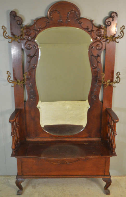 SOLD Victorian Oak Oversize Double Mirror Carved Hall Tree