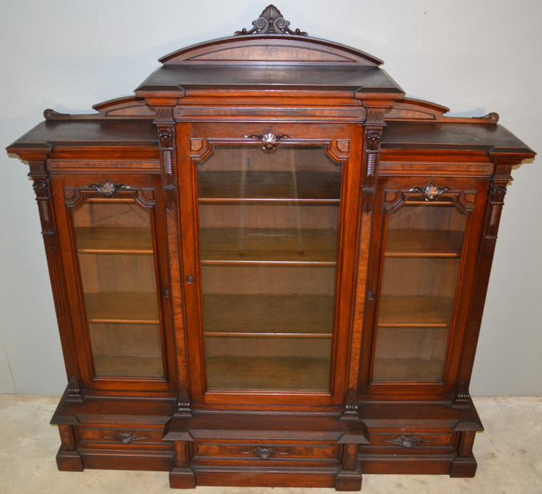 SOLD Victorian Burl Walnut Triple Door Carved Bookcase