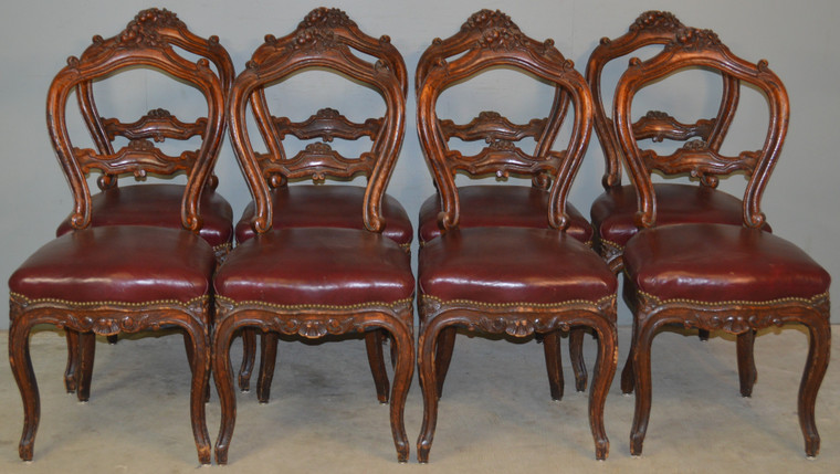 SOLD Set of 8 French Carved Victorian Dining Chairs with Leather Seats