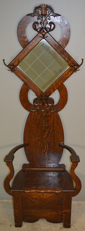 SOLD Oak Tiger Sawn Carved Bevel Glass Hall Tree