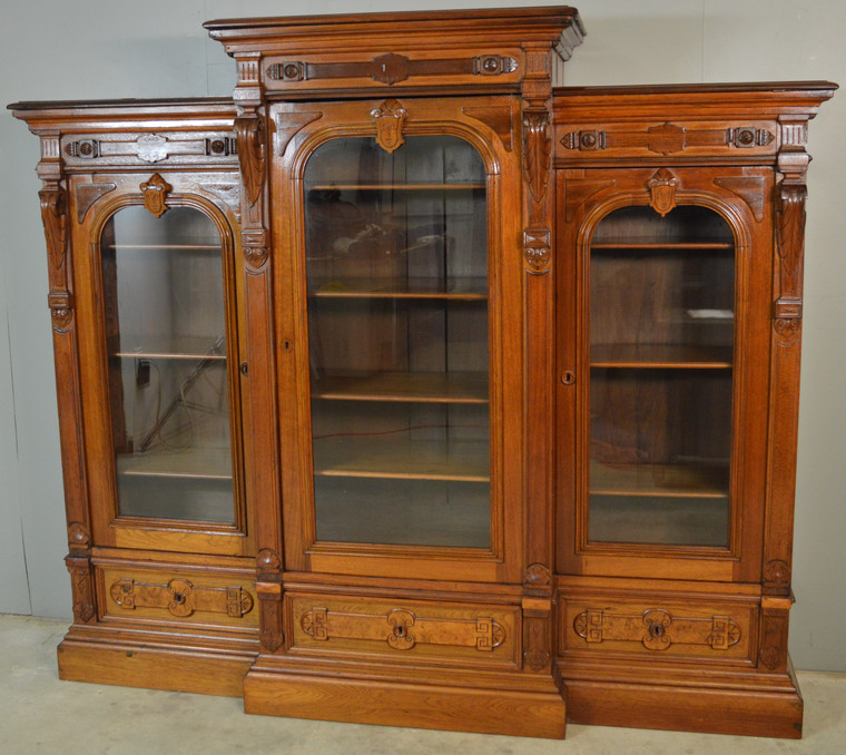 SOLD Victorian Burl Walnut Carved Triple Door Bookcase