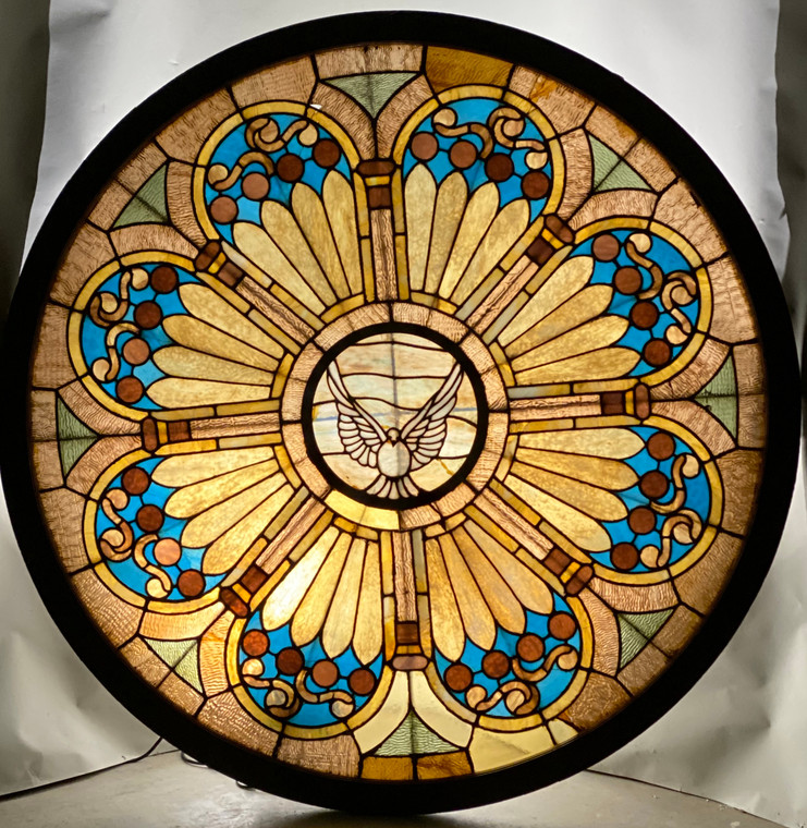 SOLD Round Leaded Stain Glass window with Dove