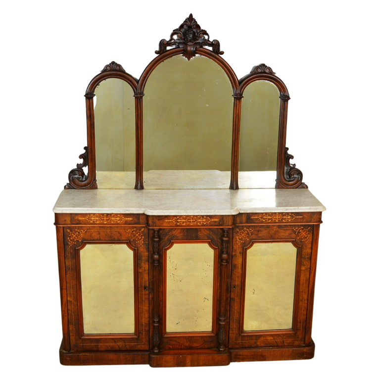 Burl Walnut Inlaid Marble Top Sideboard