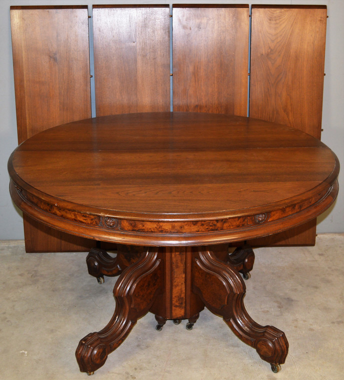 SOLD Victorian Burl Walnut Banquet Table – Opens 12 Feet!