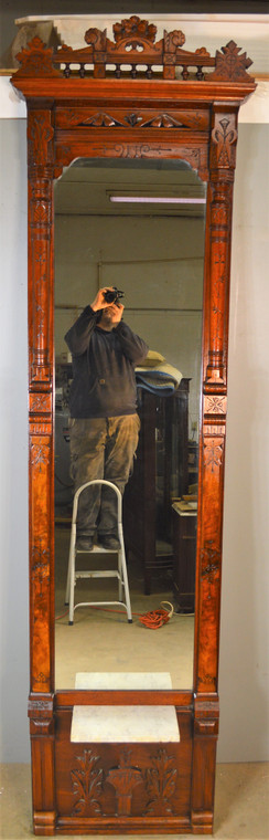 SOLD Victorian Carved Burl Walnut Extremely Fancy Marble Pier Mirror