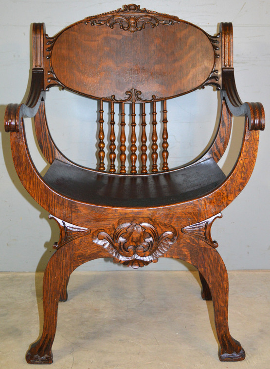 SOLD Tiger Sawn Oak Barrell Seat Arm Chair Carved