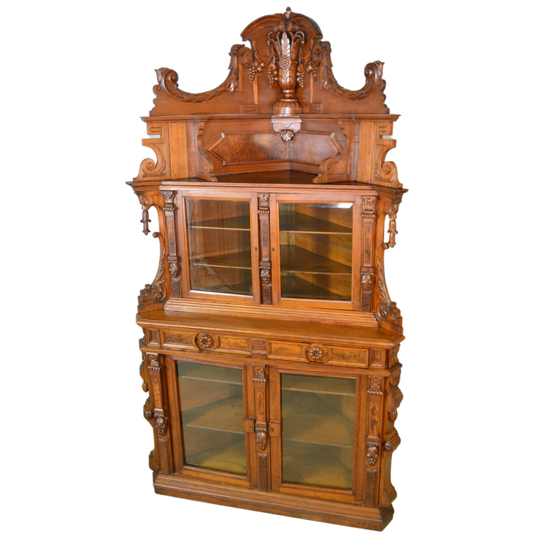 Victorian Rare Burl Walnut Corner China Closet