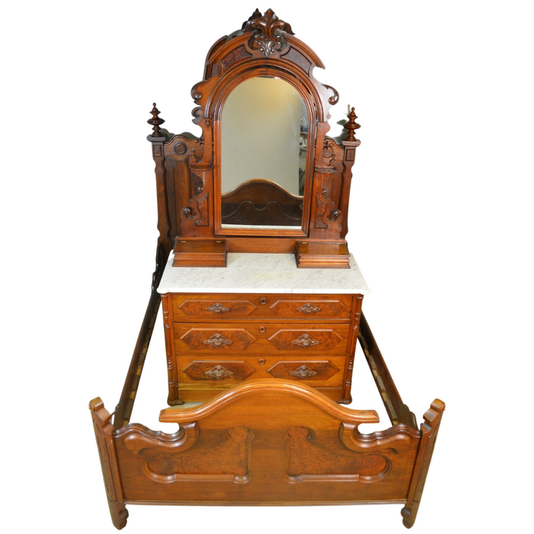 Victorian Burl Walnut Marble Top Bed Set