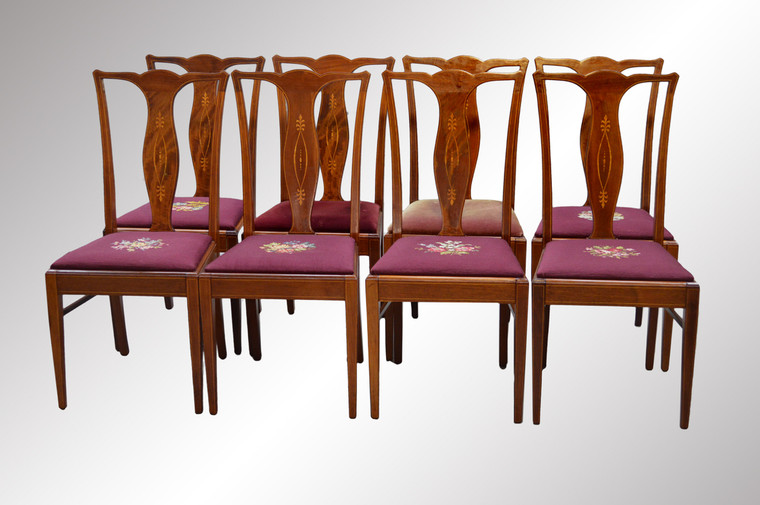 SOLD Set of Eight Inlaid Formal Mahogany Dining Room Chairs