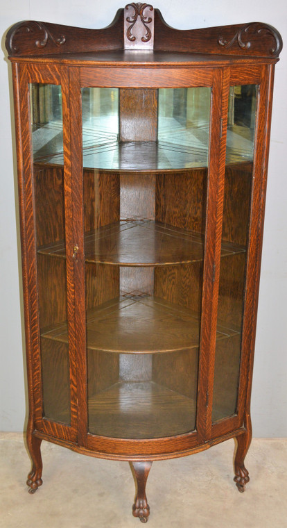 SOLD Victorian Tiger Sawn Claw Foot Oak Curved Glass Corner China Closet