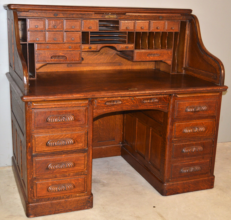 SOLD Victorian Raised Panel Oak Roll Top with Carved Pulls