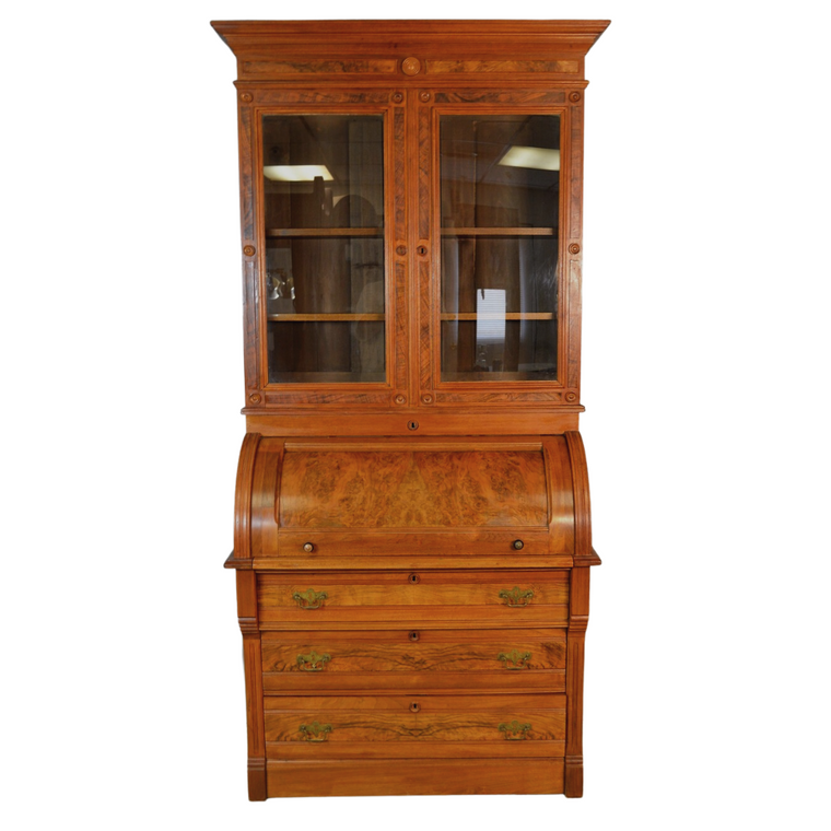 Victorian Burl Walnut Raised Panel Secretary Bookcase Desk