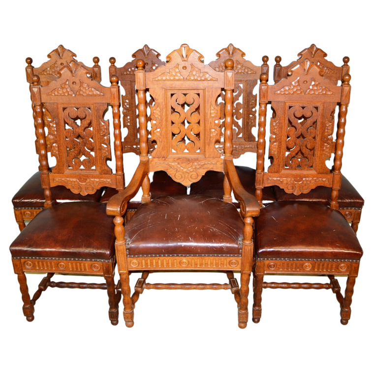 SOLD Antique Kitchen Chairs, Antique Set of 7 Fancy Oak Carved Dining Room Chairs