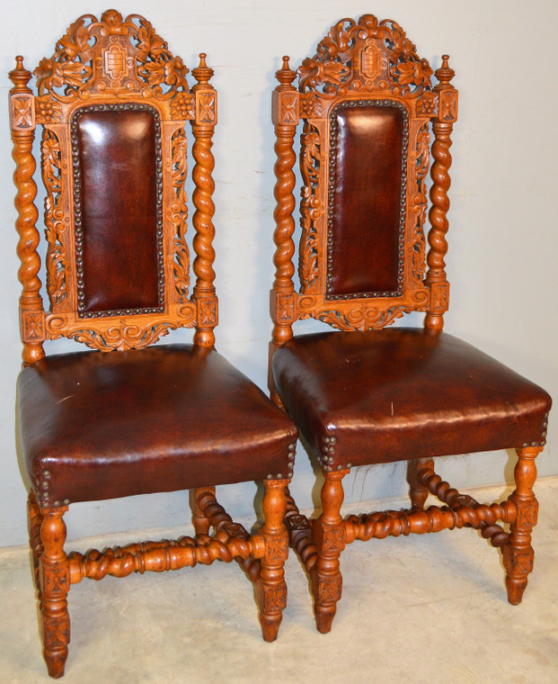 SOLD Carved Oak Leather Barley Twist Chairs
