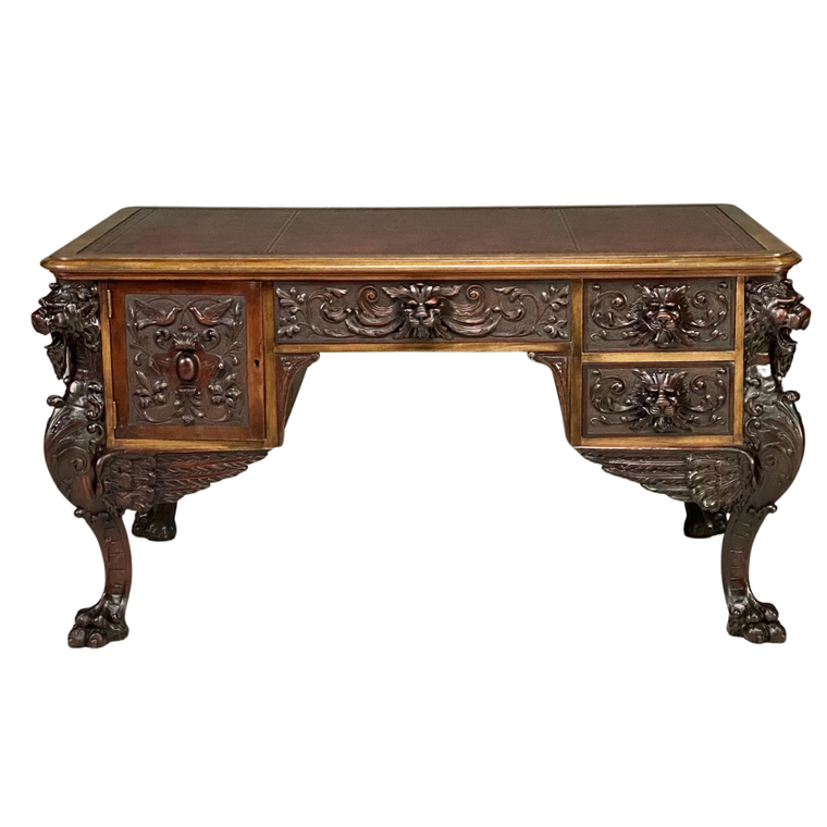 SOLD  MAGNIFICENT CARVED MAHOGANY PARTNER’S DESK ATTRIBUTED TO R.J. HORNER