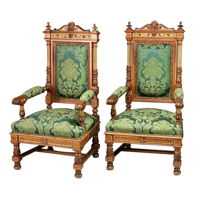 RENAISSANCE REVIVAL CARVED WALNUT ARMCHAIRS