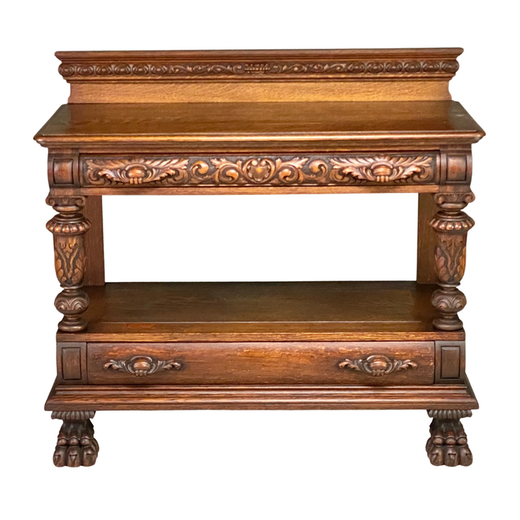 SOLD DIMINUTIVE CARVED OAK SERVER IN THE STYLE OF R.J. HORNER