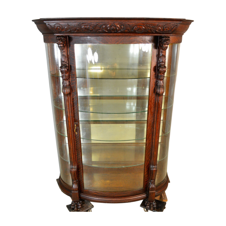 Carved Oak China Cabinet with Curved Glass