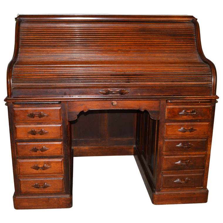 Victorian Raised Panel Walnut Roll Top Desk