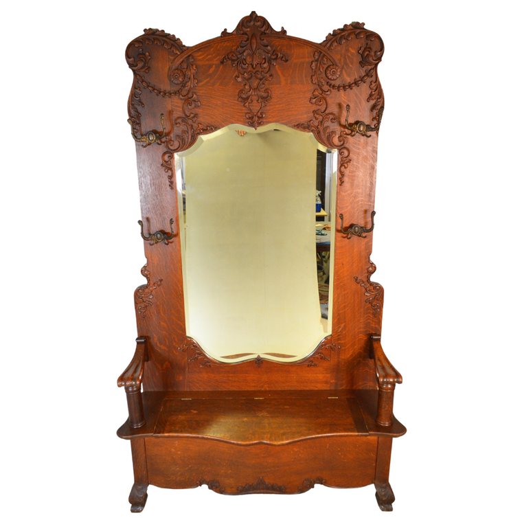 SOLD Antique Monumental Heavily Carved Shapely Mirror Victorian Hall Tree