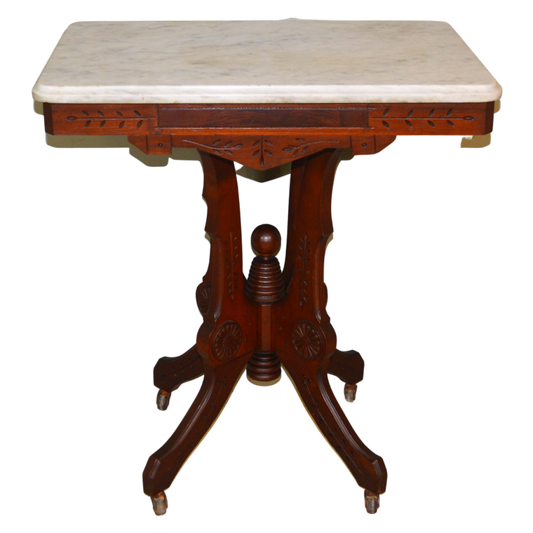 SOLD Marble Top Spoon Carved Eastlake Parlor Stand