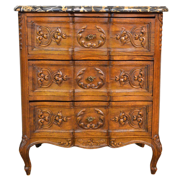 SOLD Marble Top French Carved Three Drawer Nightstand