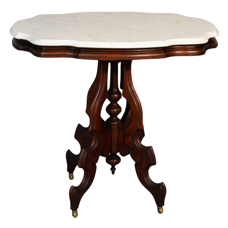 SOLD Antique End Table, Antique Victorian Marble Top Turtle Top Parlor Stand