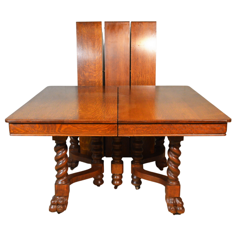 SOLD Antique Victorian Claw Foot Square Oak Barley Twist Banquet Table