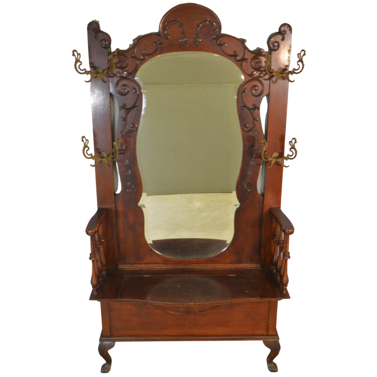 SOLD Antique Oak Victorian Carved Hall Tree or Hall Seat, Large
