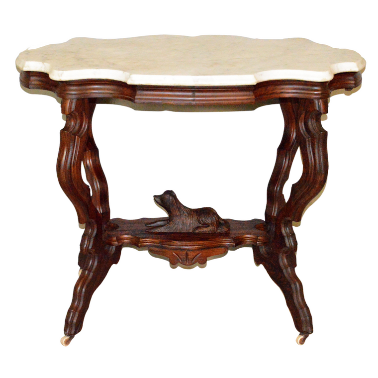 SOLD Antique Parlor Table, Victorian Marble Top Parlor Stand with Dog Carving