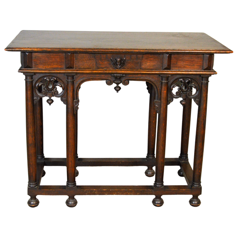 SOLD Antique Hall Table, Victorian Oak Gothic Style Parlor Sofa Table w/Drawer