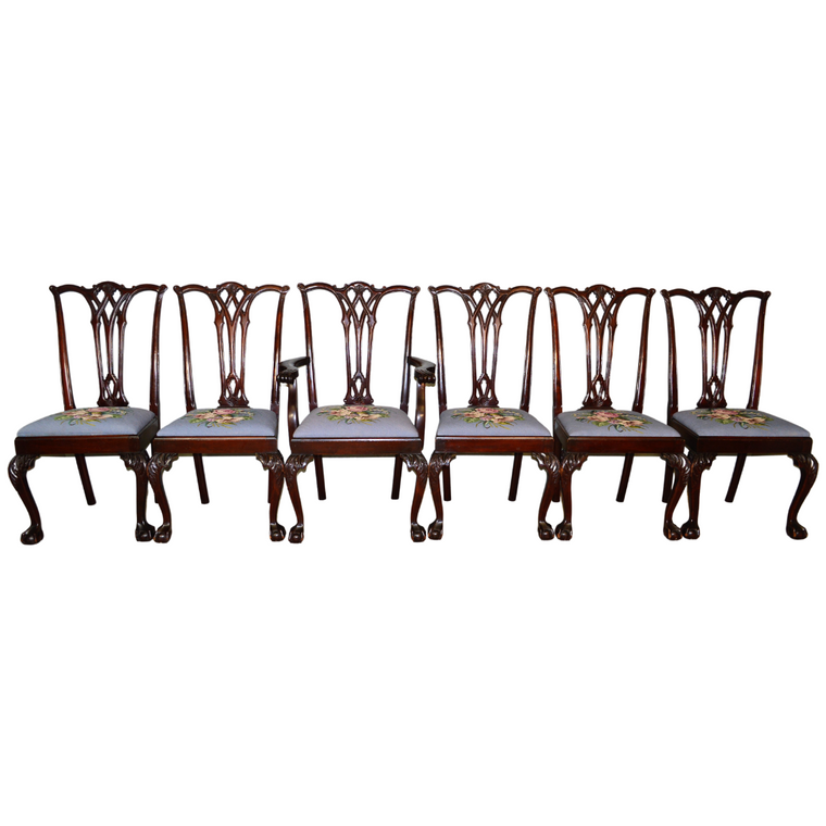 SOLD Antique Dining Chairs, 6 Mahogany Chippendale Carved Chairs w/Needlepoint