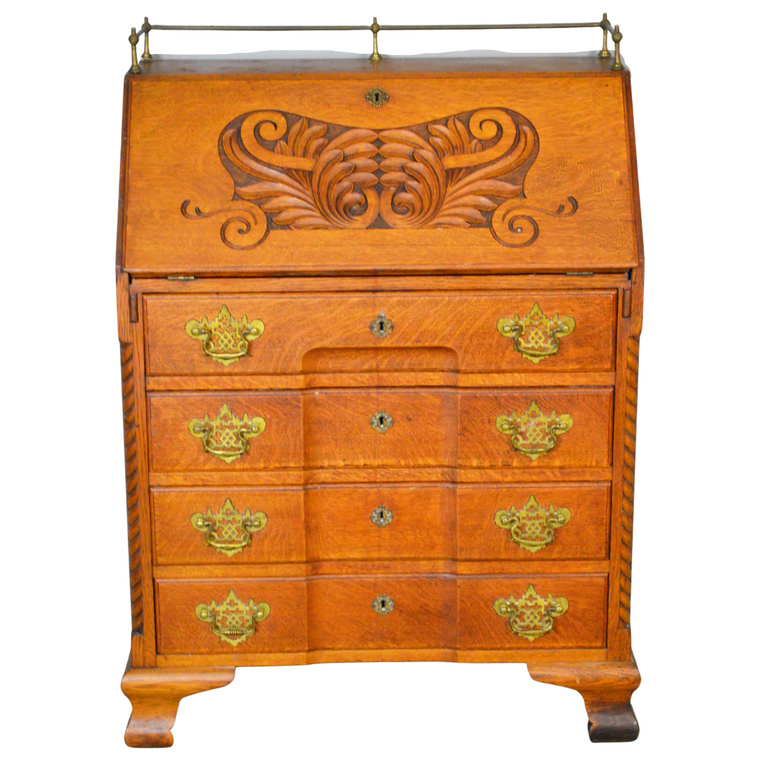 SOLD Antique Secretary Desk, Oak Carved Governor Winthrop Desk