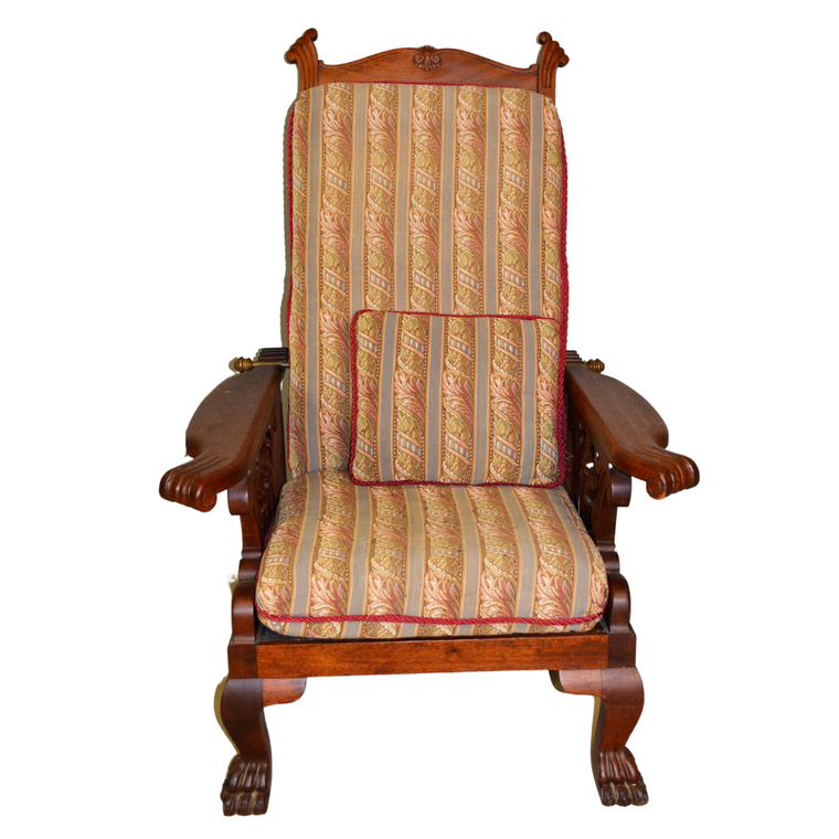 SOLD Antique Morris Chair, Victorian Lion Head Claw Foot Reclining Chair