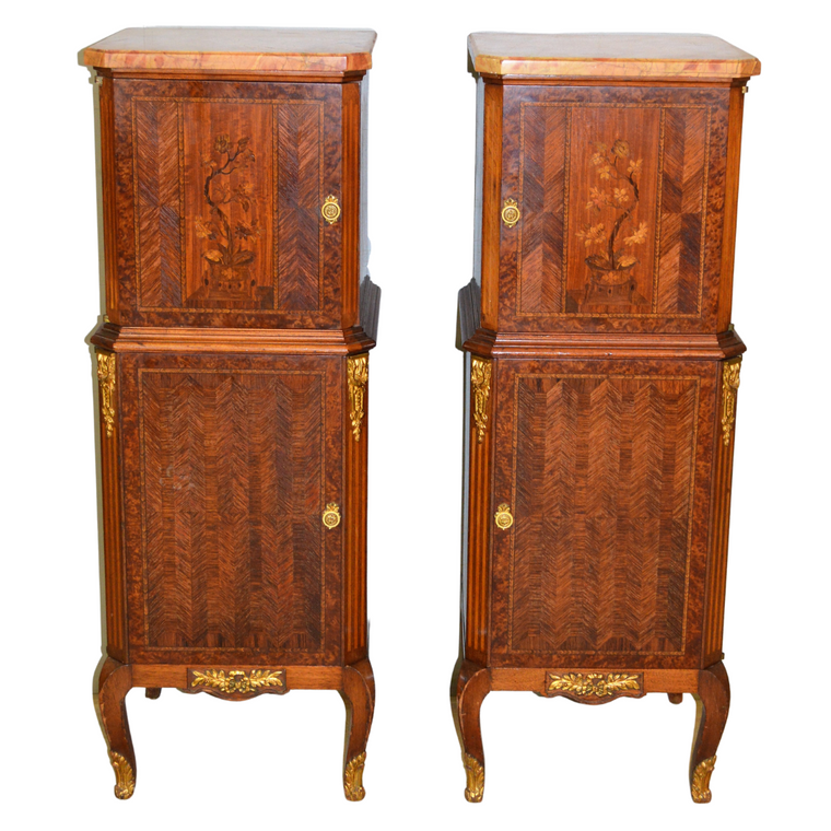 SOLD Antique Nightstands, Pair of Marble Top Inlaid Lingerie Ladies Chests