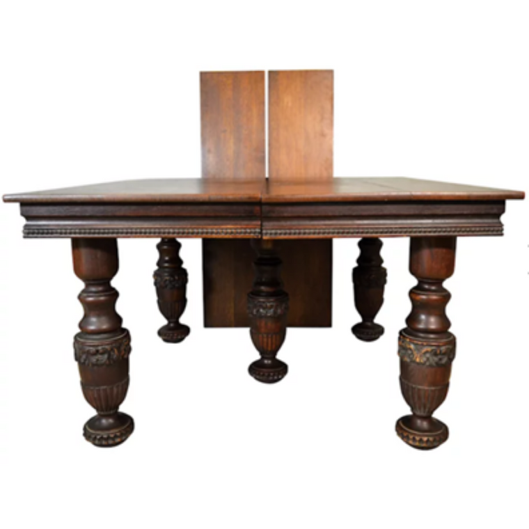 SOLD Antique Dining Room Table, Victorian Oak Fancy Carved Square Oak Table