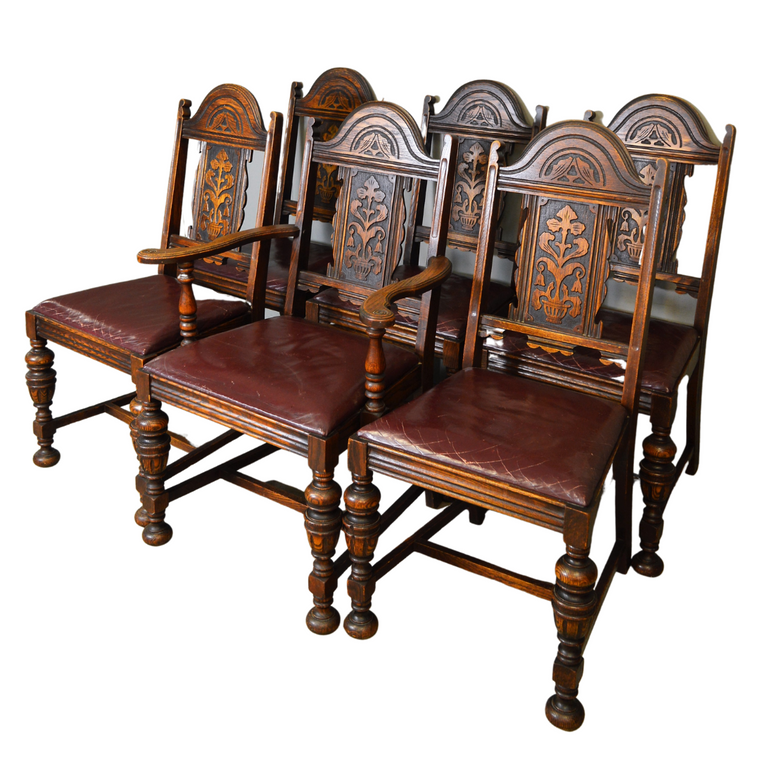 SOLD Antique Dining Room Chairs, Set of 6 Oak Carved Dining Chairs