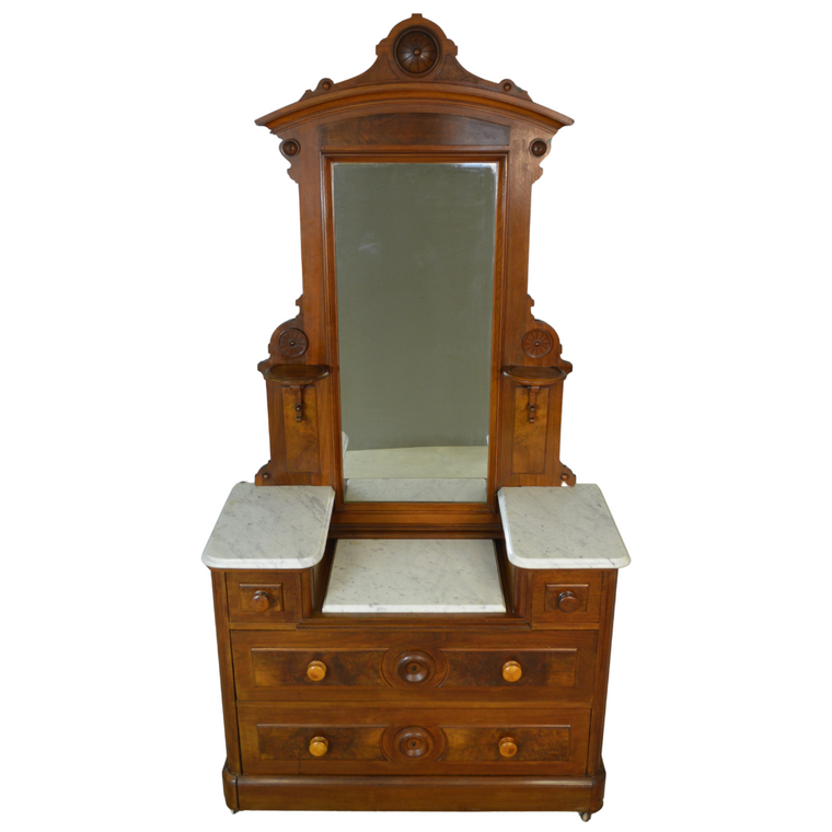 SOLD Antique Burl Walnut Dresser, Victorian Marble Top Drop Center Chest