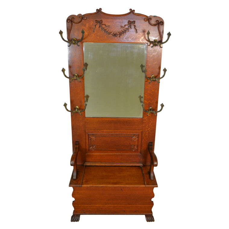 SOLD Antique Hall Tree, Carved Oak Double Mirror Lift Seat Hall Bench